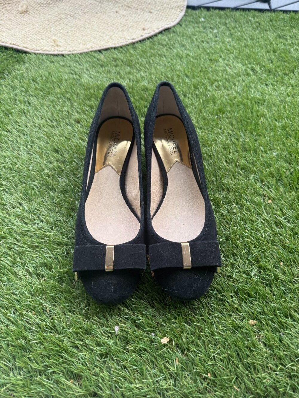 MICHAEL Michael Kors Black Suede Wedge Pumps with Gold Accent Bow